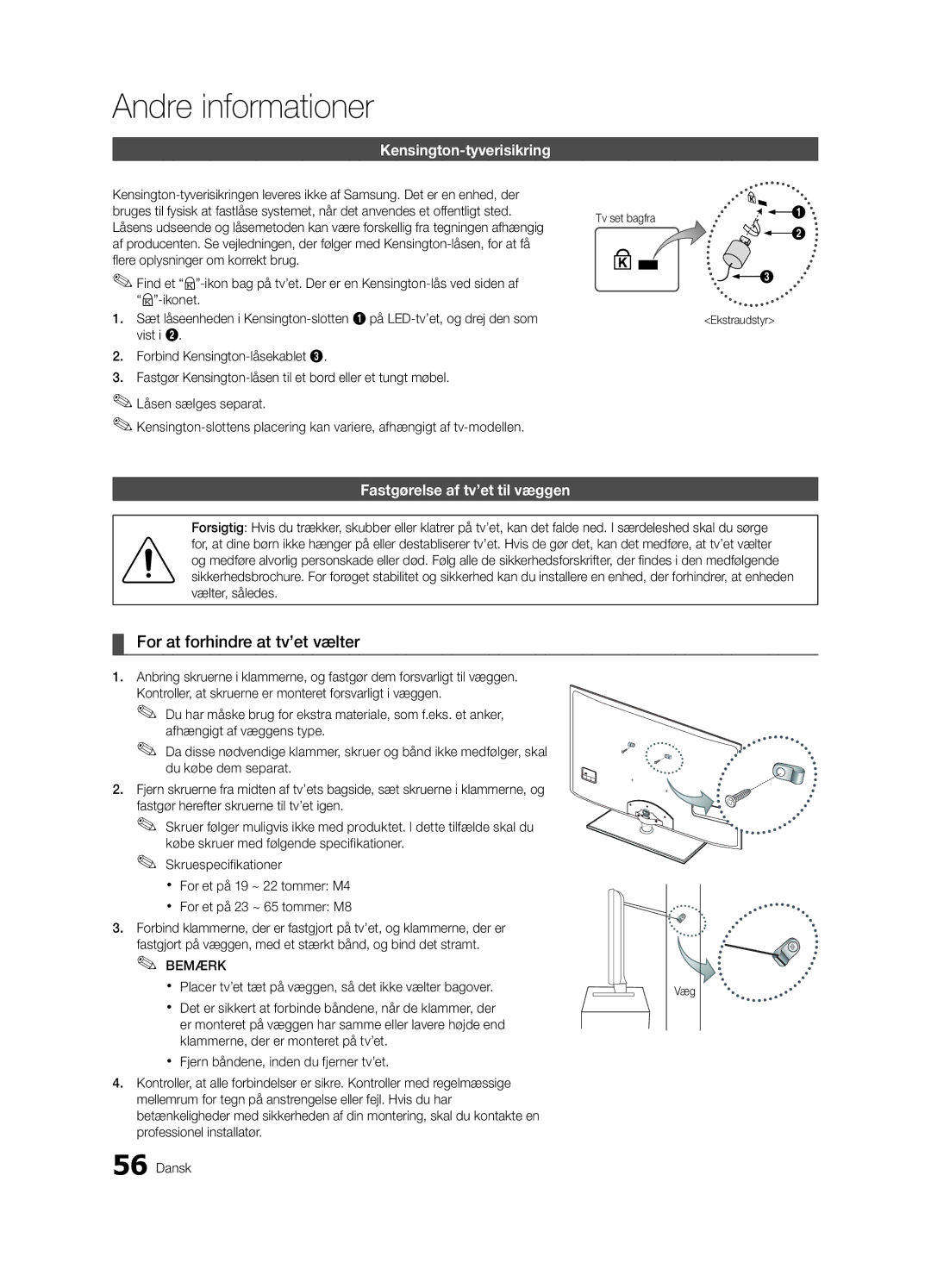 Samsung UE46C6820USXZG manual For at forhindre at tv’et vælter, Kensington-tyverisikring, Fastgørelse af tv’et til væggen 