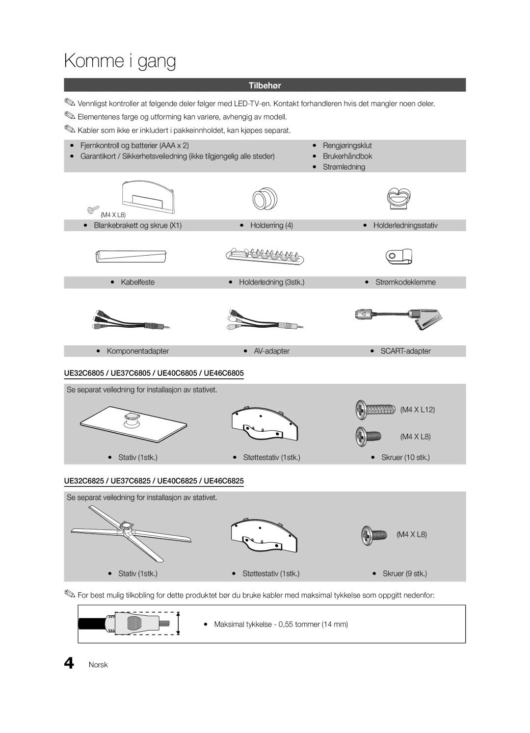 Samsung UE32C6805USXXE manual Komme i gang, Yy Blankebrakett og skrue Yy Holderring, Yy Kabelfeste Yy Holderledning 3stk 