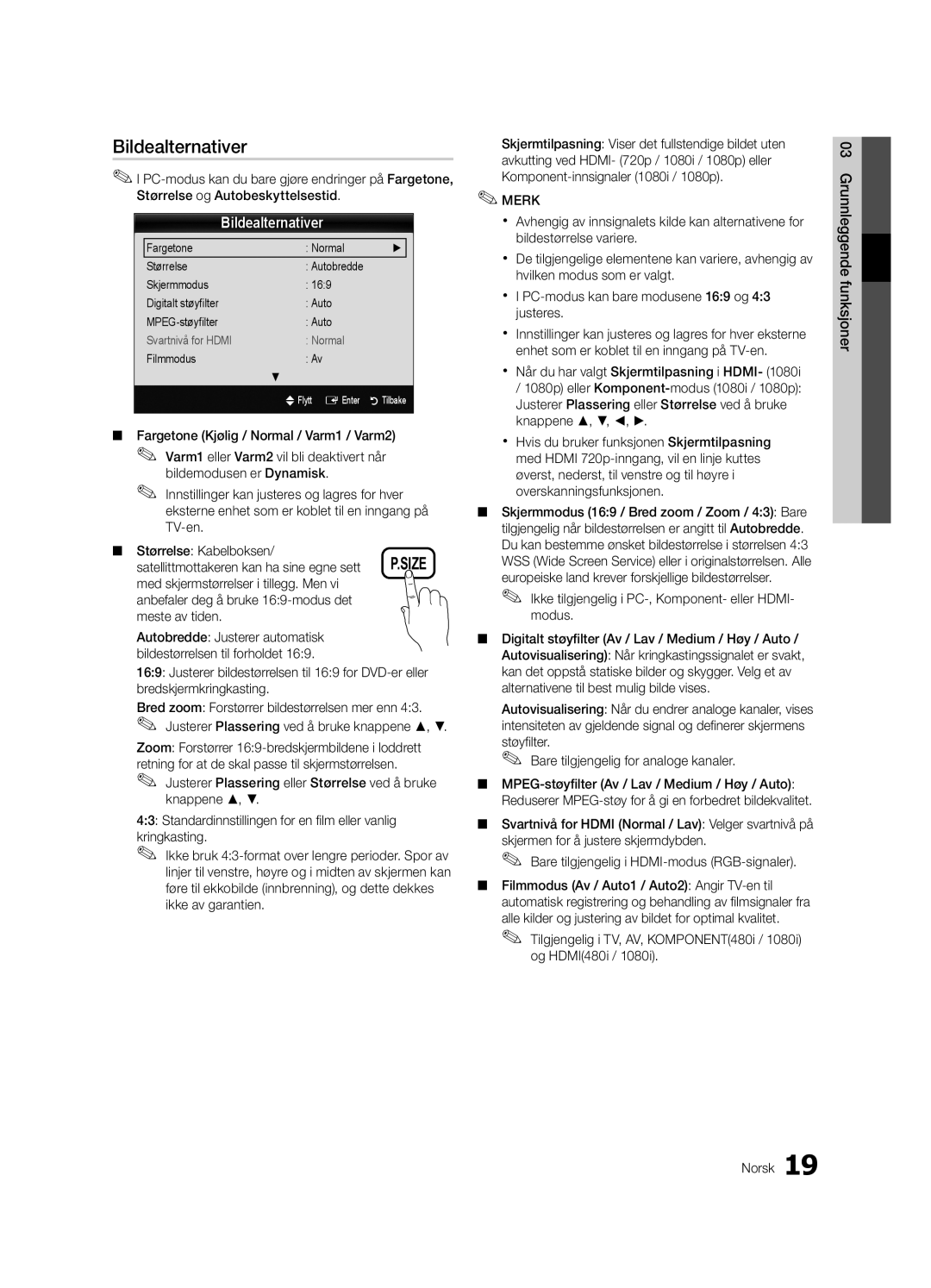 Samsung UE46C6800USXZG, UE46C6820USXZG, UE46C6820USXZF manual Bildealternativer, Satellittmottakeren kan ha sine egne sett 