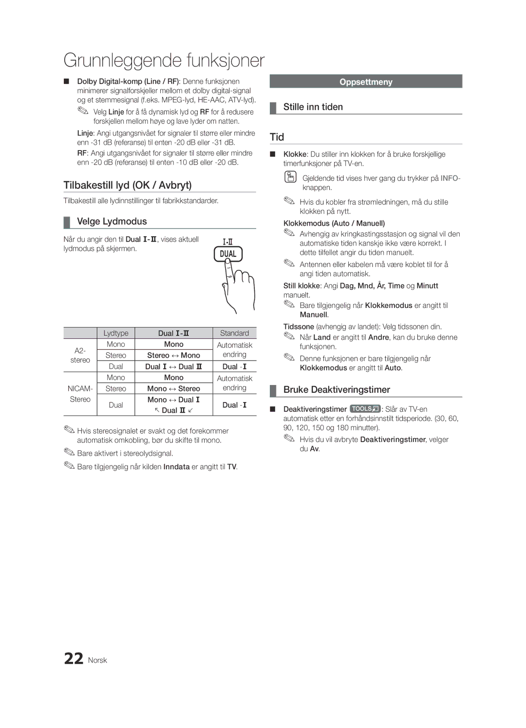 Samsung UE46C6805USXXE manual Tilbakestill lyd OK / Avbryt, Velge Lydmodus, Stille inn tiden, Bruke Deaktiveringstimer 