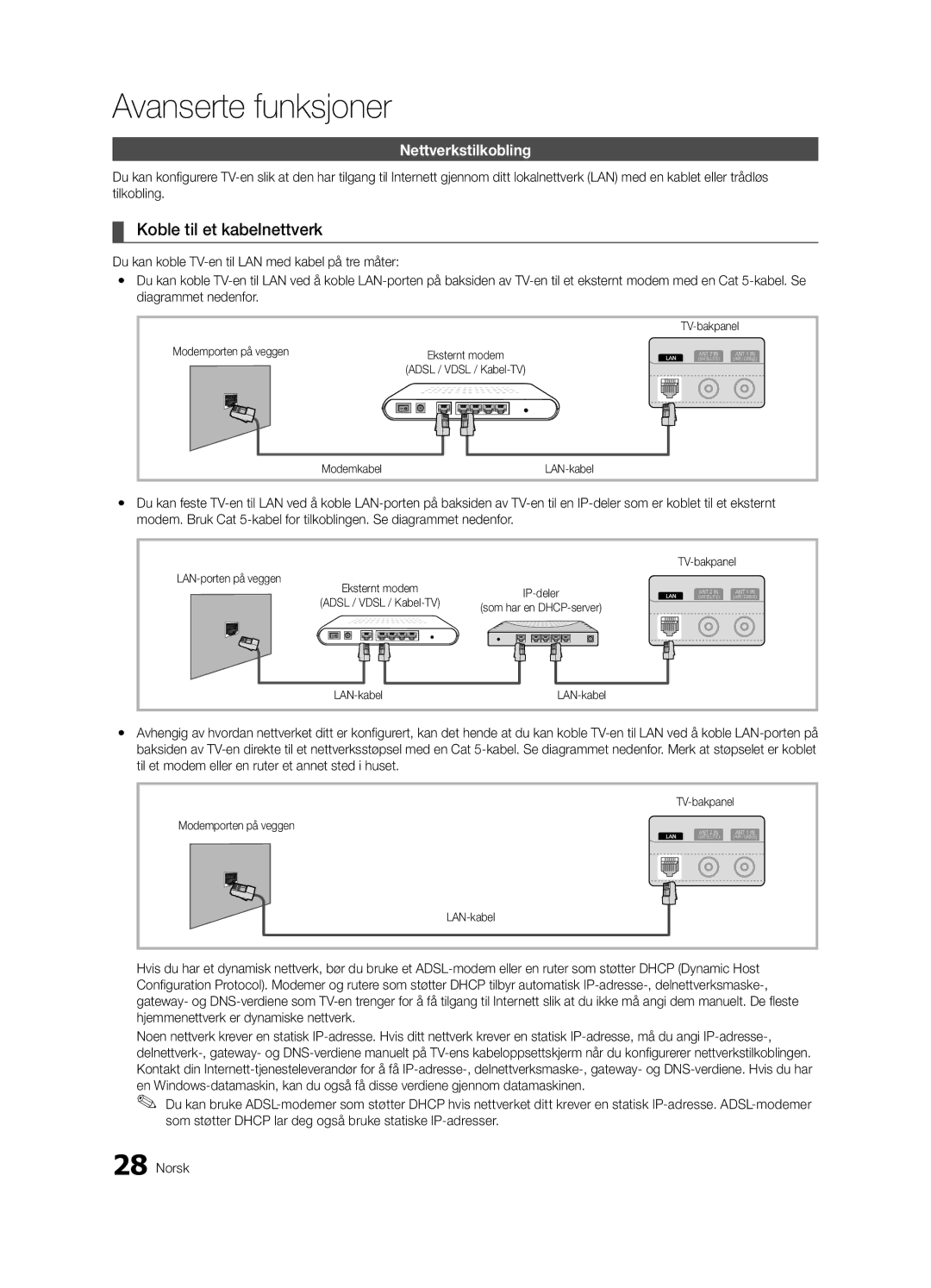 Samsung UE32C6805USXXE, UE46C6820USXZG Koble til et kabelnettverk, Nettverkstilkobling, LAN-porten på veggen, TV-bakpanel 