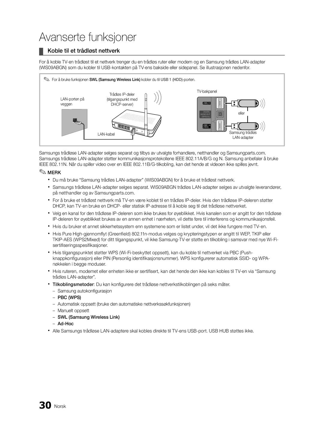 Samsung UE46C6820USXZG, UE46C6800USXZG manual Koble til et trådløst nettverk, LAN-porten på Tilgangspunkt med Veggen 