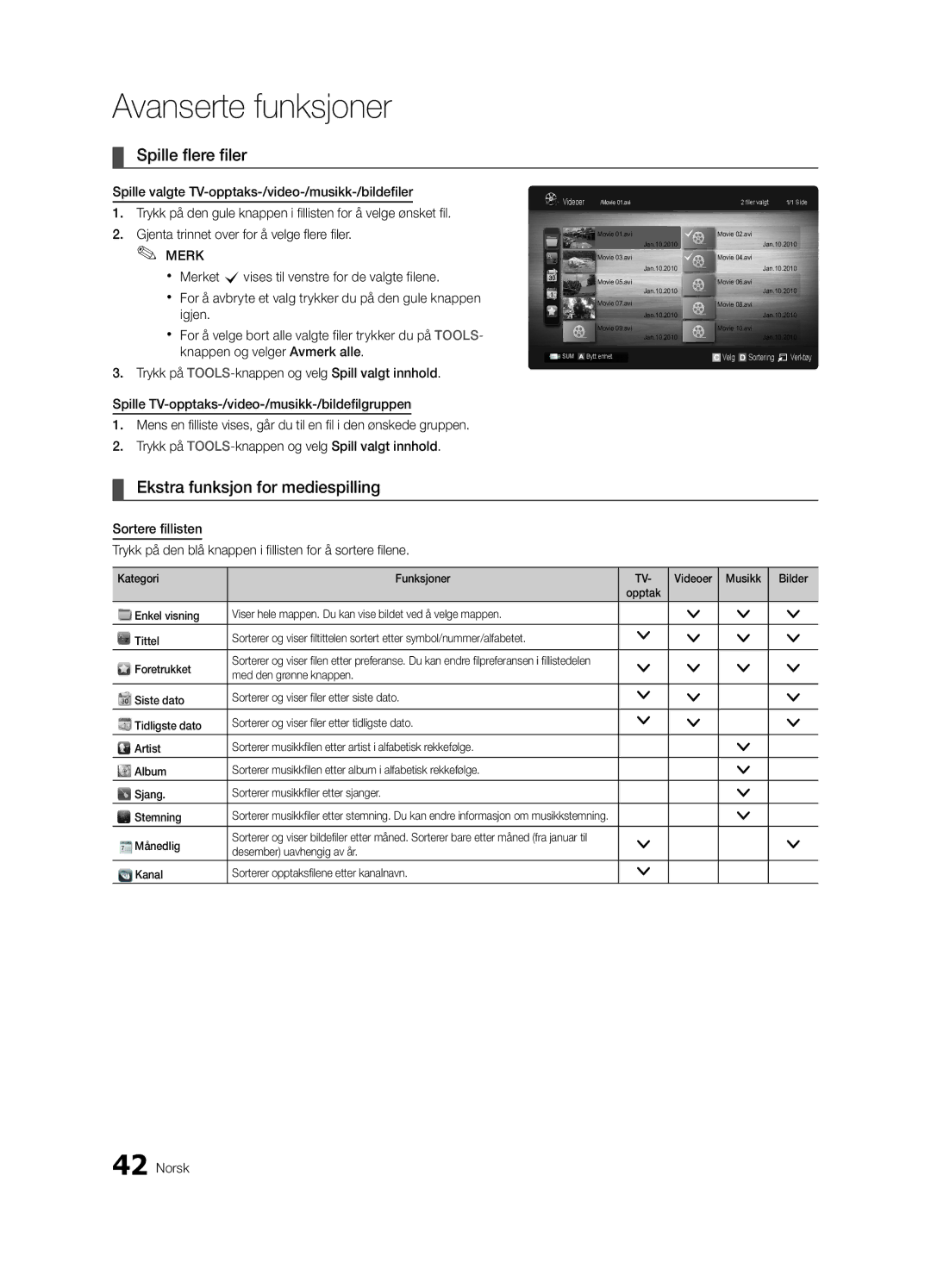 Samsung UE46C6820USXZG Spille flere filer, Ekstra funksjon for mediespilling, Kategori Funksjoner Videoer Musikk Bilder 