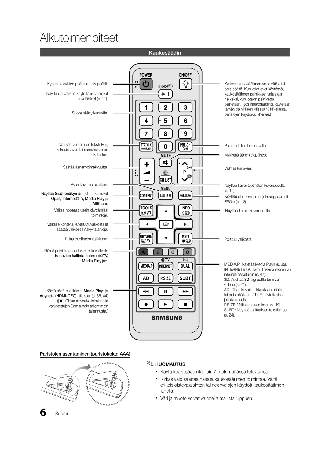 Samsung UE46C6820USXZF manual Kaukosäädin, Paristojen asentaminen paristokoko AAA, Kytkee television päälle ja pois päältä 