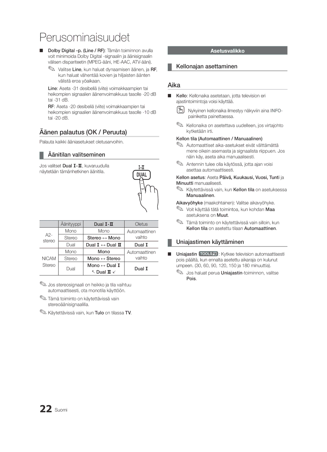 Samsung UE37C6805USXXE, UE46C6820USXZG Äänen palautus OK / Peruuta, Aika, Äänitilan valitseminen, Kellonajan asettaminen 