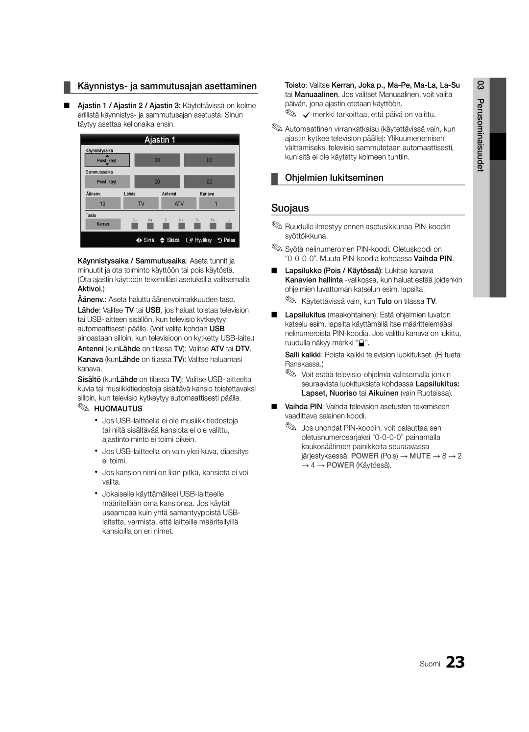 Samsung UE46C6825USXXE, UE46C6820USXZG Suojaus, Käynnistys- ja sammutusajan asettaminen, Ohjelmien lukitseminen, Ajastin 