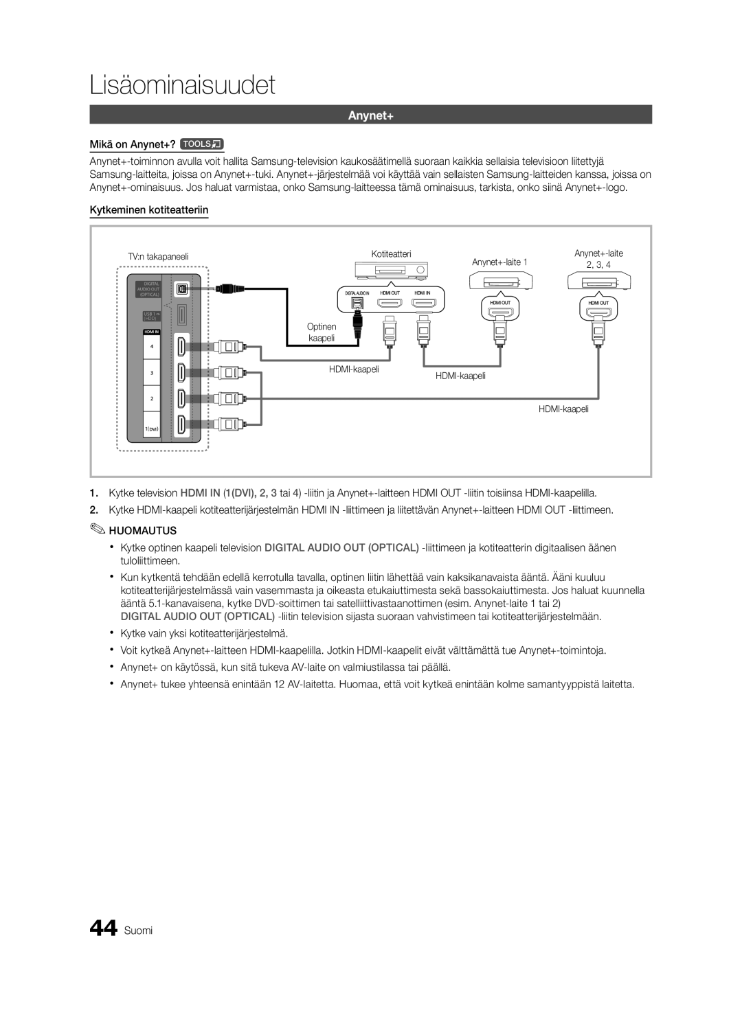 Samsung UE46C6805USXXE manual Mikä on Anynet+? t, Kytkeminen kotiteatteriin, TVn takapaneeli Kotiteatteri Anynet+-laite 