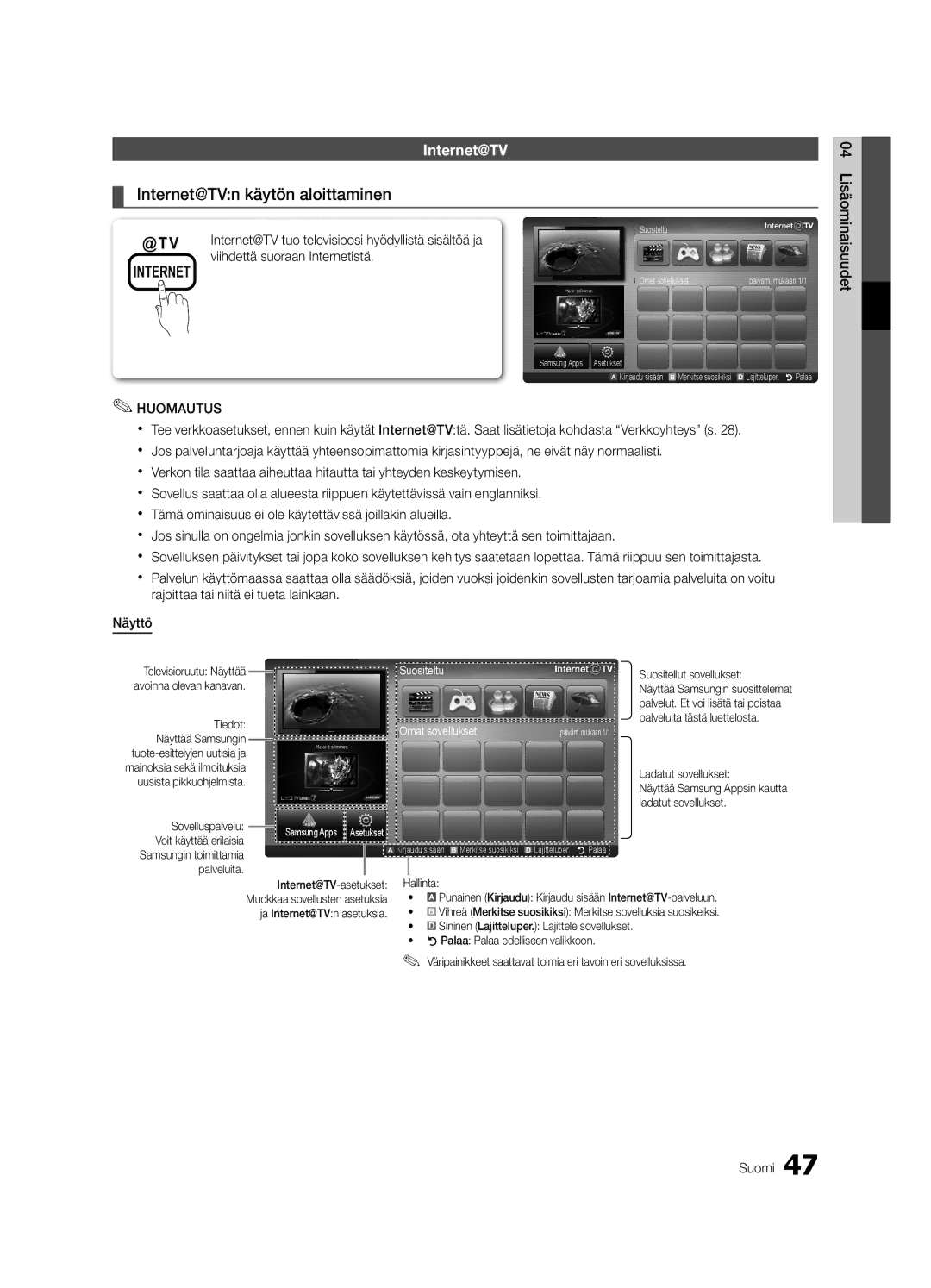 Samsung UE46C6825USXXE, UE46C6820USXZG, UE46C6800USXZG, UE46C6820USXZF, UE32C6825USXXE manual Internet@TVn käytön aloittaminen 