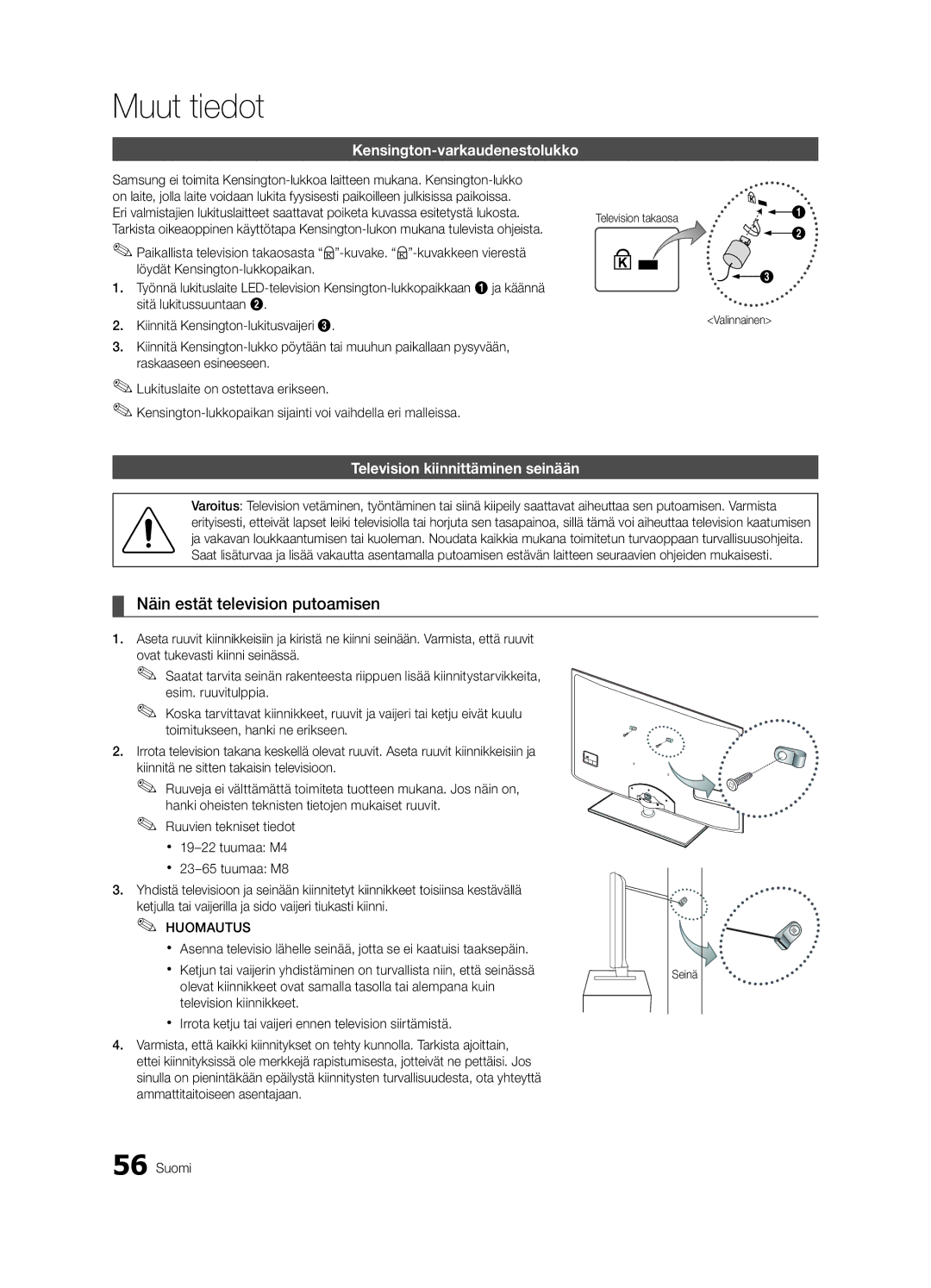 Samsung UE46C6805USXXE Näin estät television putoamisen, Kensington-varkaudenestolukko, Television kiinnittäminen seinään 