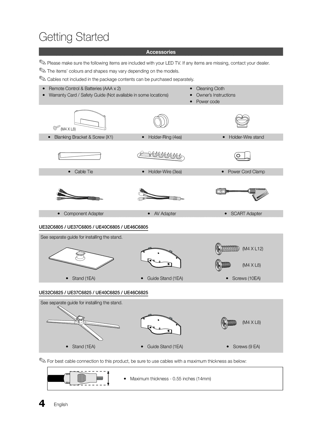 Samsung UE46C6805USXXE, UE46C6820USXZG manual Getting Started, Accessories, Yy Blanking Bracket & Screw Yy Holder-Ring 4ea 