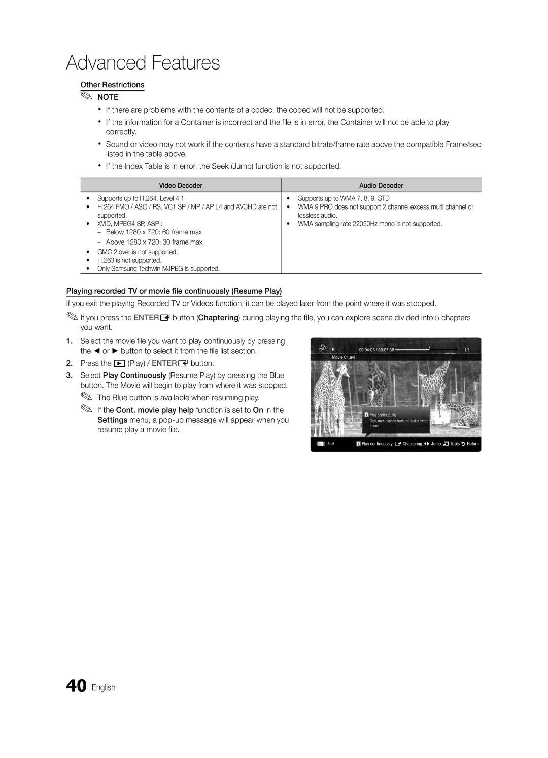 Samsung UE46C6805USXXE, UE46C6820USXZG manual Supported Lossless audio, WMA sampling rate 22050Hz mono is not supported 