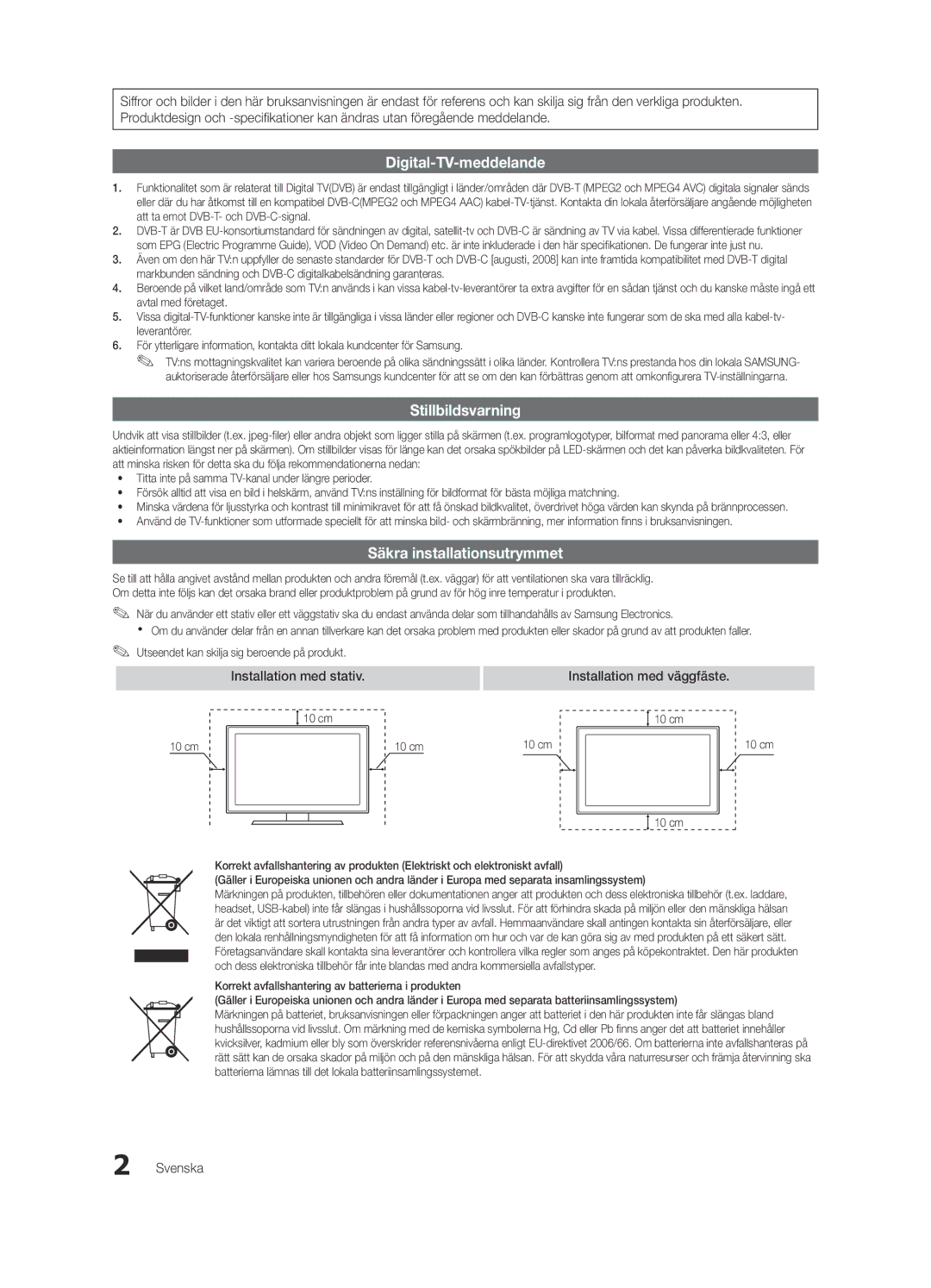 Samsung UE46C6805USXXE, UE46C6820USXZG, UE46C6800USXZG manual Installation med stativ Installation med väggfäste, Svenska 