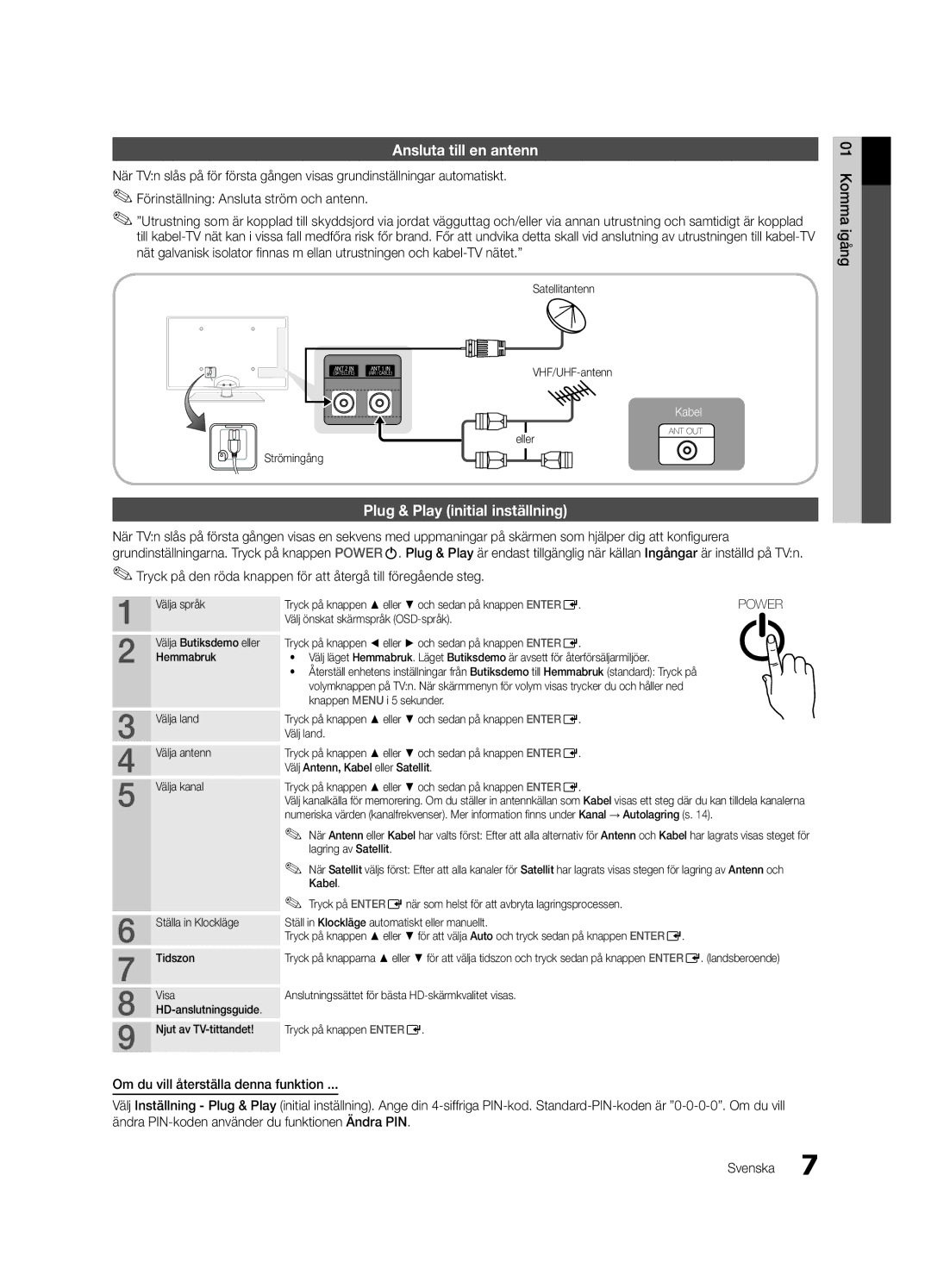 Samsung UE32C6705USXXE, UE46C6820USXZG, UE46C6800USXZG manual Ansluta till en antenn, Plug & Play initial inställning 