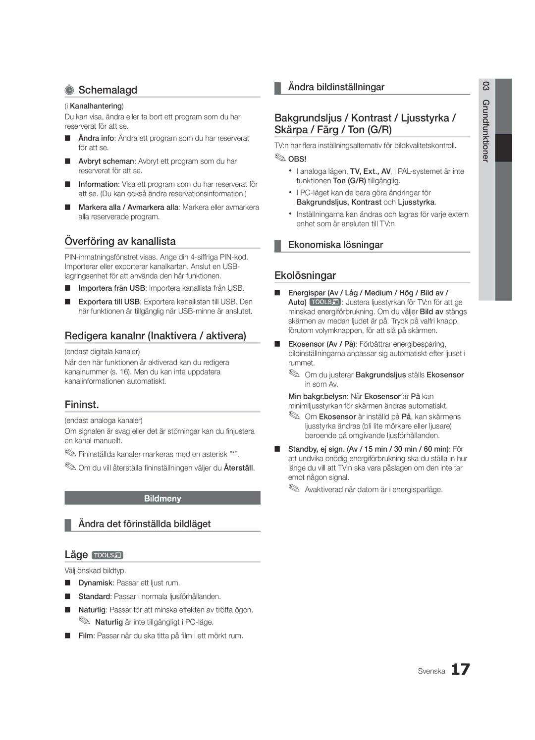 Samsung UE46C6825USXXE Schemalagd, Överföring av kanallista, Redigera kanalnr Inaktivera / aktivera, Fininst, Ekolösningar 