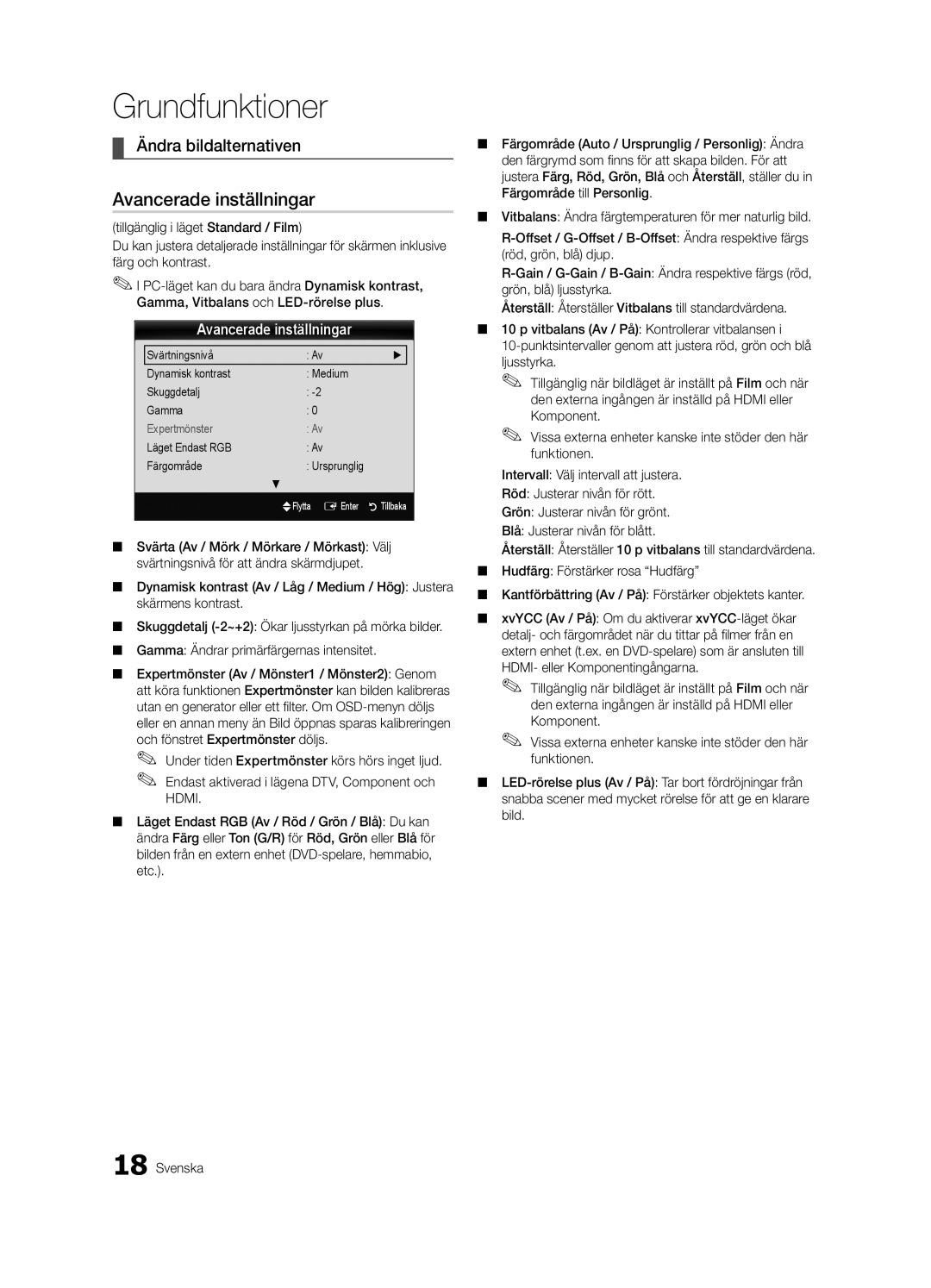 Samsung UE37C6825USXXE, UE46C6820USXZG manual Avancerade inställningar, Ändra bildalternativen, Läget Endast RGB Färgområde 