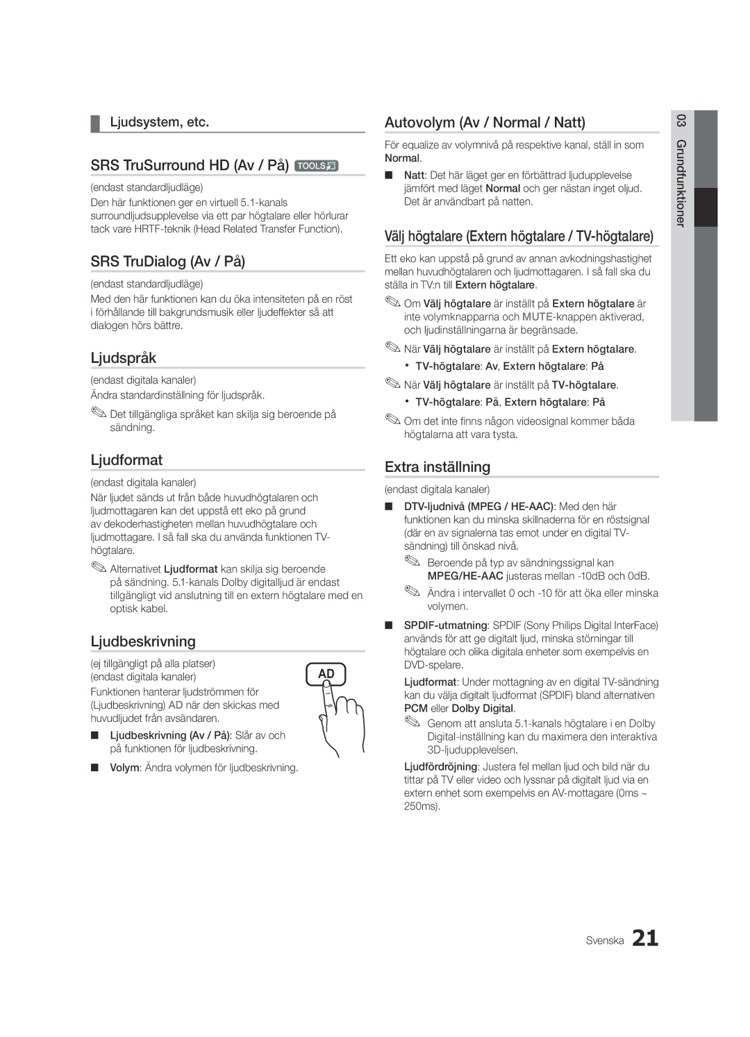 Samsung UE40C6825USXXE manual SRS TruSurround HD Av / På t, SRS TruDialog Av / På, Ljudspråk, Ljudformat, Ljudbeskrivning 