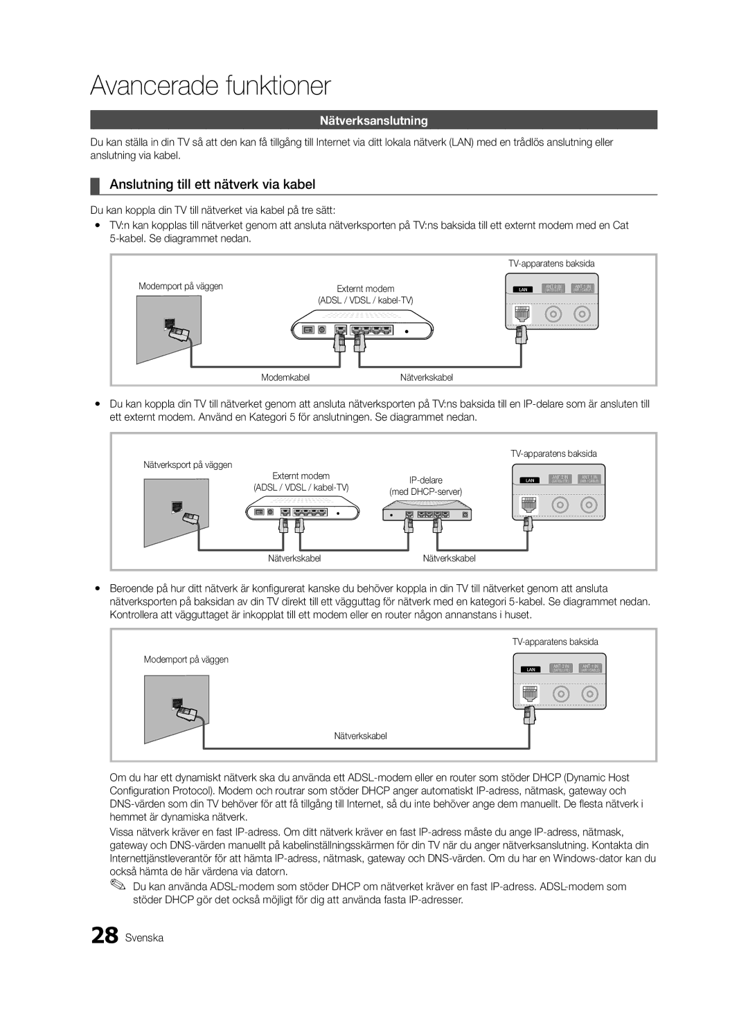 Samsung UE37C6805USXXE, UE46C6820USXZG, UE46C6800USXZG manual Anslutning till ett nätverk via kabel, Nätverksanslutning 