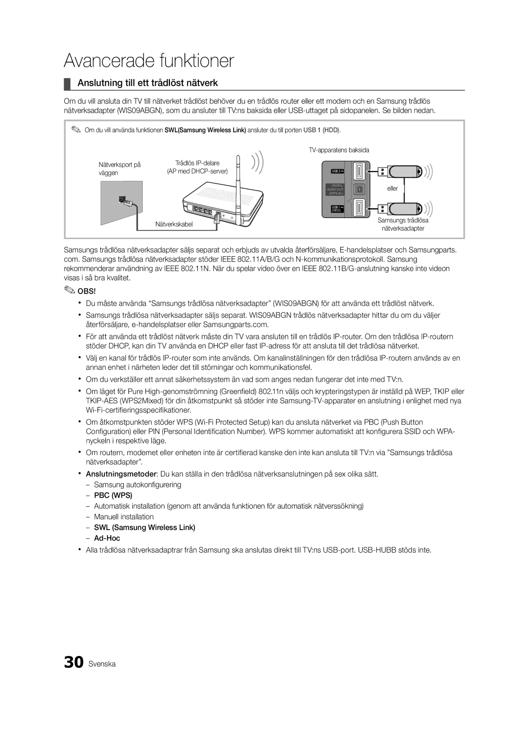 Samsung UE37C6825USXXE, UE46C6820USXZG, UE46C6800USXZG, UE46C6820USXZF Anslutning till ett trådlöst nätverk, Väggen, Eller 