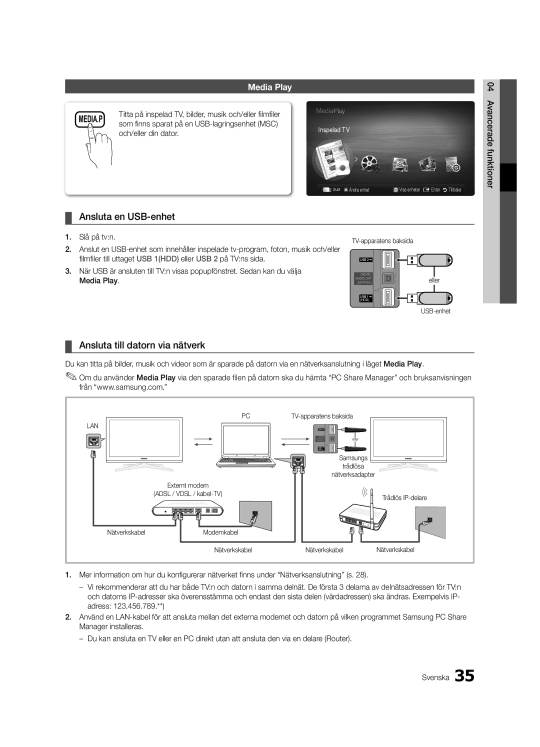 Samsung UE46C6800USXZG, UE46C6820USXZG manual Ansluta en USB-enhet, Ansluta till datorn via nätverk, Och/eller din dator 