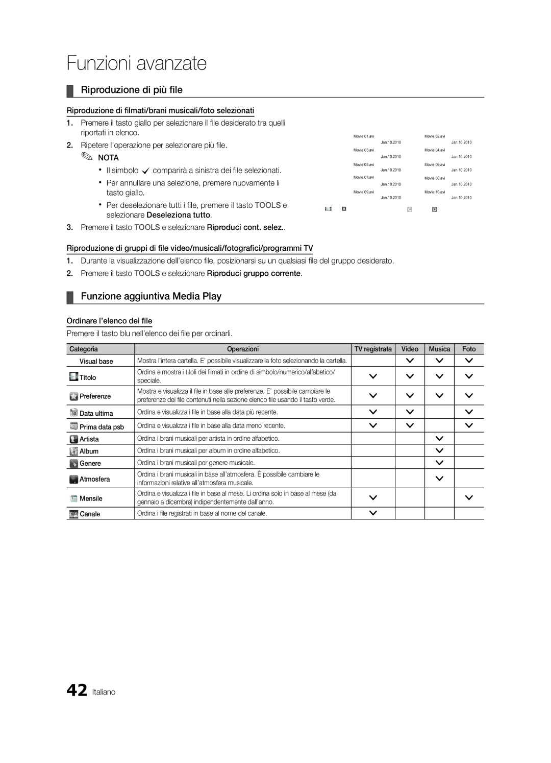 Samsung UE46C6900VQXZT manual Riproduzione di più file, Funzione aggiuntiva Media Play, Titolo, Speciale, Preferenze 