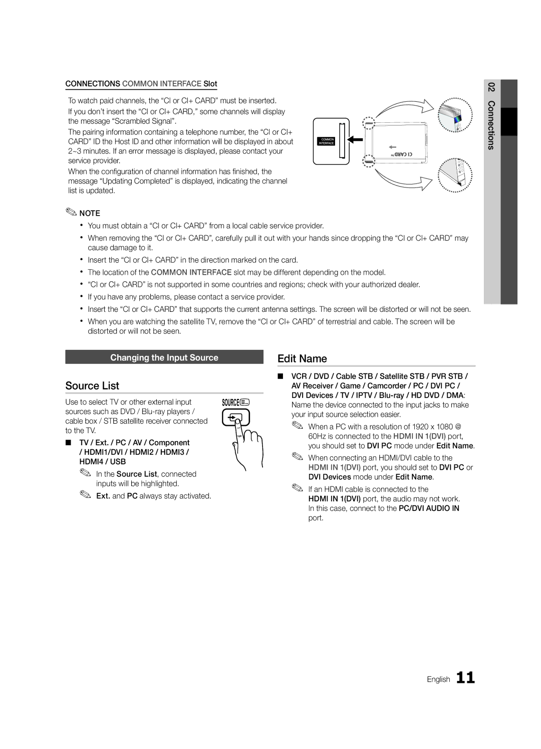 Samsung UE46C6900VQXZT manual Source List, Edit Name, Changing the Input Source, Use to select TV or other external input 