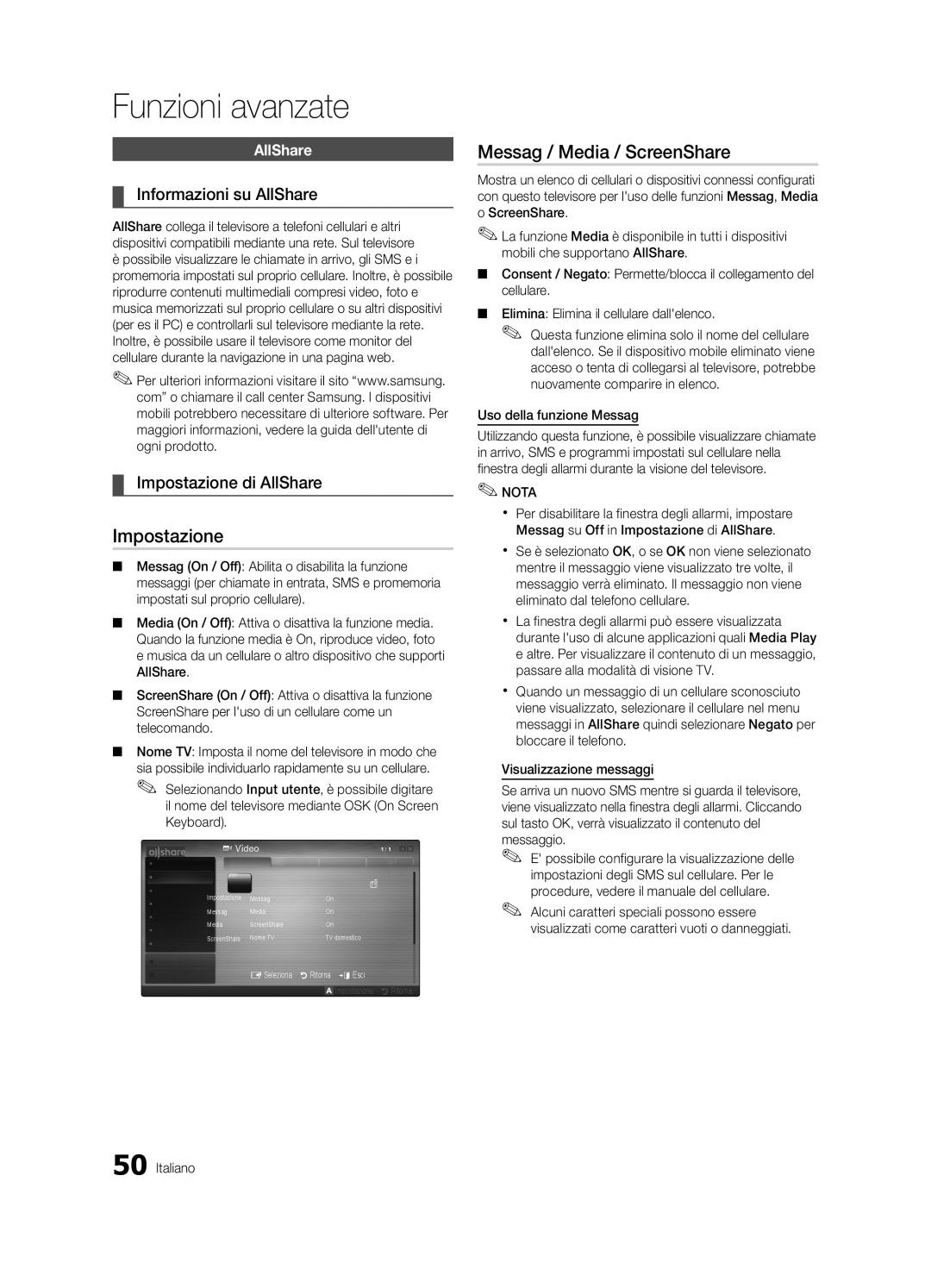 Samsung UE46C6900VQXZT manual Messag / Media / ScreenShare, Informazioni su AllShare, Impostazione di AllShare 