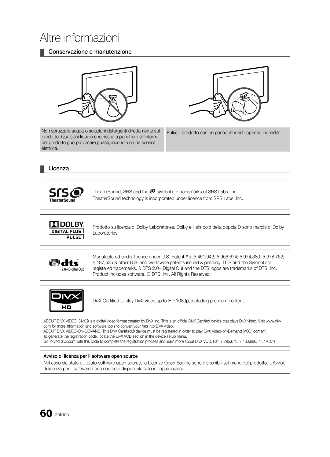 Samsung UE46C6900VQXZT manual Conservazione e manutenzione, Licenza 