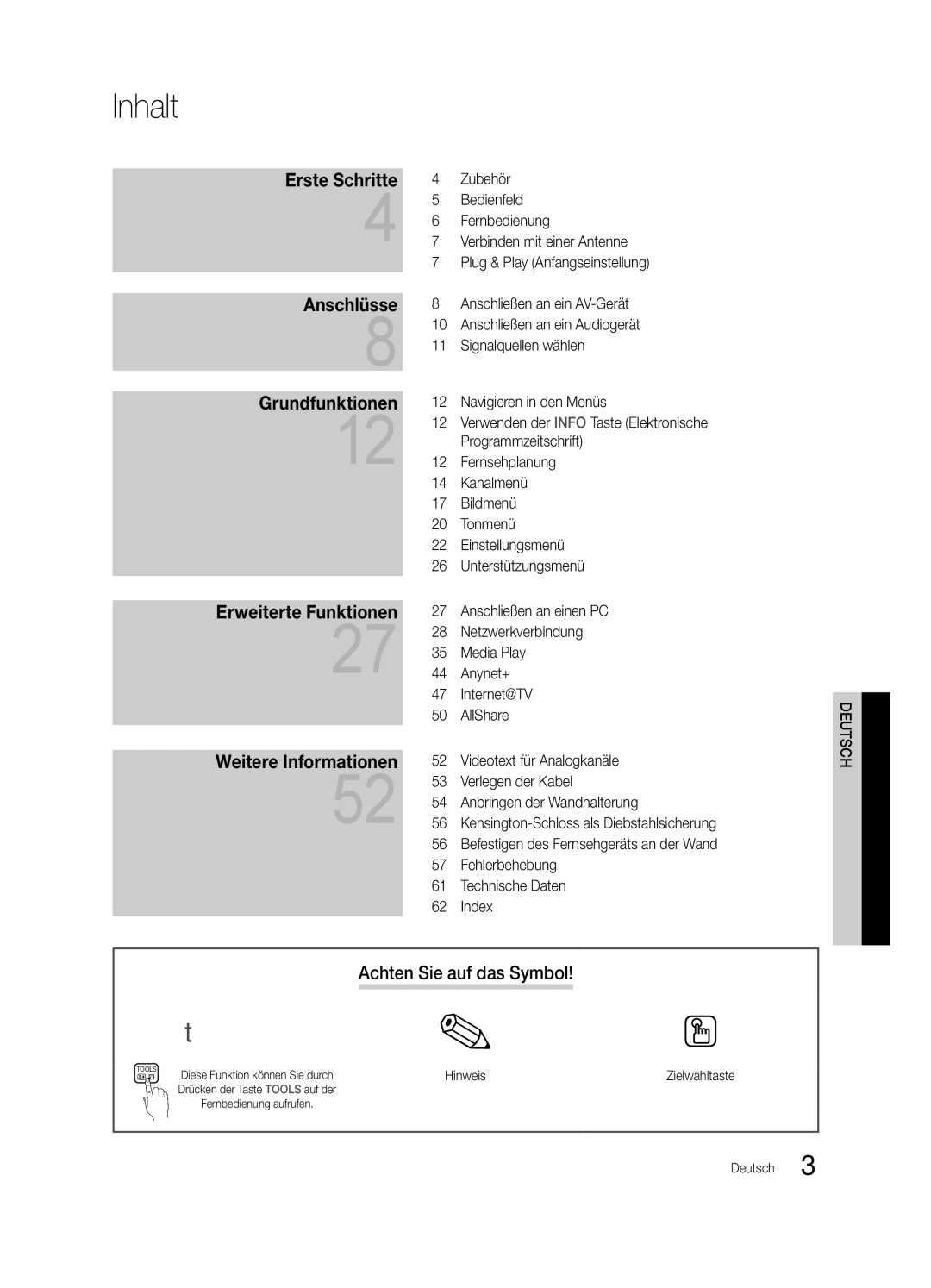 Samsung UE46C6900VQXZT manual Inhalt, Achten Sie auf das Symbol, Hinweis 