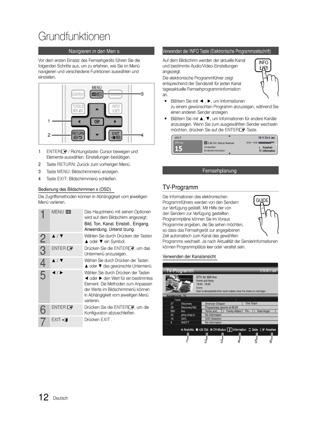 Samsung UE46C6900VQXZT manual Grundfunktionen, Navigieren in den Menüs 