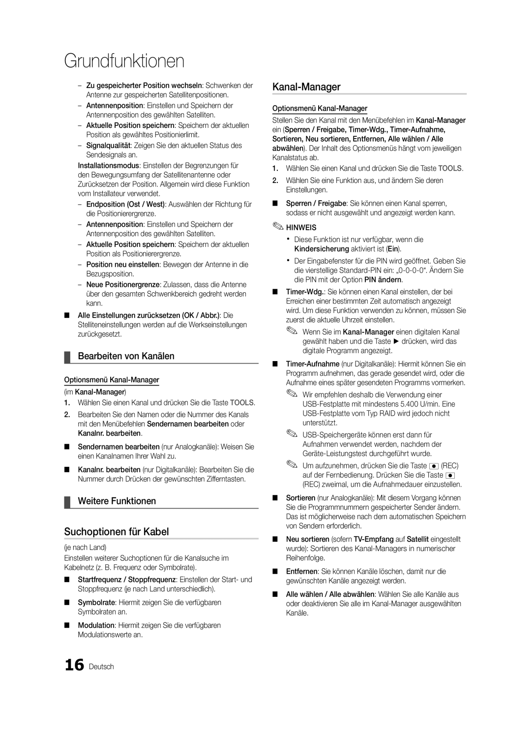 Samsung UE46C6900VQXZT manual Suchoptionen für Kabel, Bearbeiten von Kanälen, Weitere Funktionen, Je nach Land 