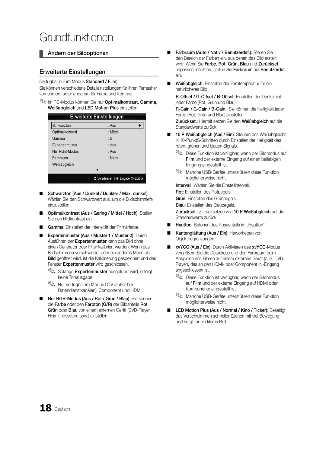 Samsung UE46C6900VQXZT manual Erweiterte Einstellungen, Ändern der Bildoptionen, Verfügbar nur im Modus Standard / Film 