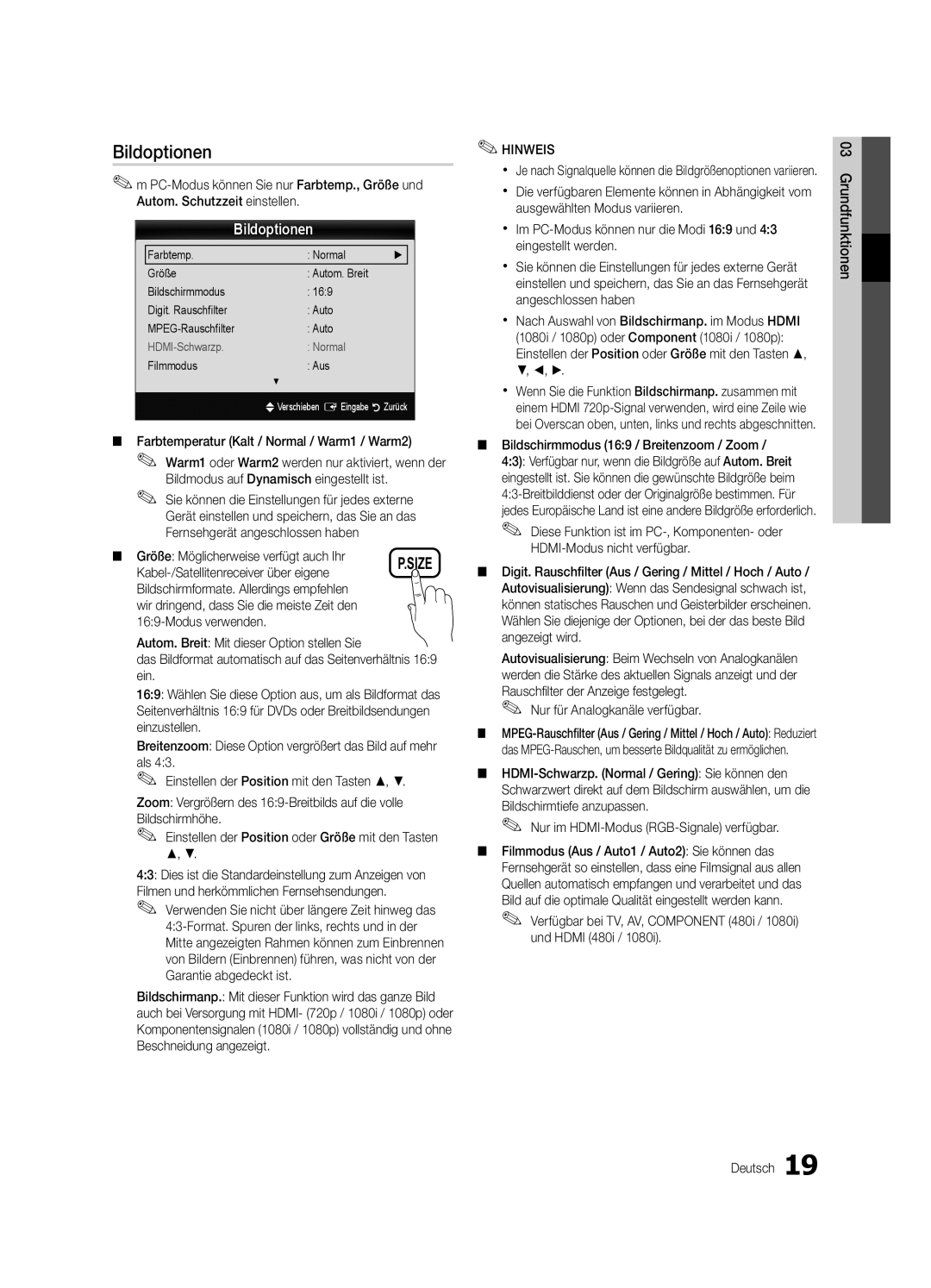 Samsung UE46C6900VQXZT manual Bildoptionen 