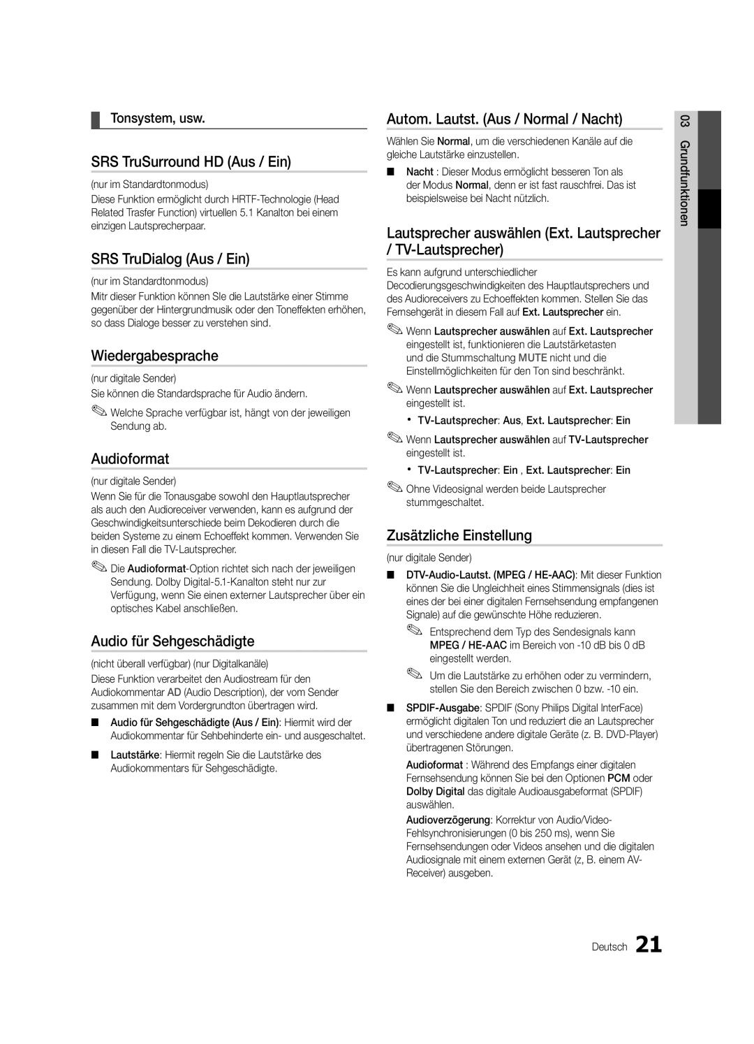 Samsung UE46C6900VQXZT manual SRS TruSurround HD Aus / Ein, SRS TruDialog Aus / Ein, Wiedergabesprache, Audioformat 