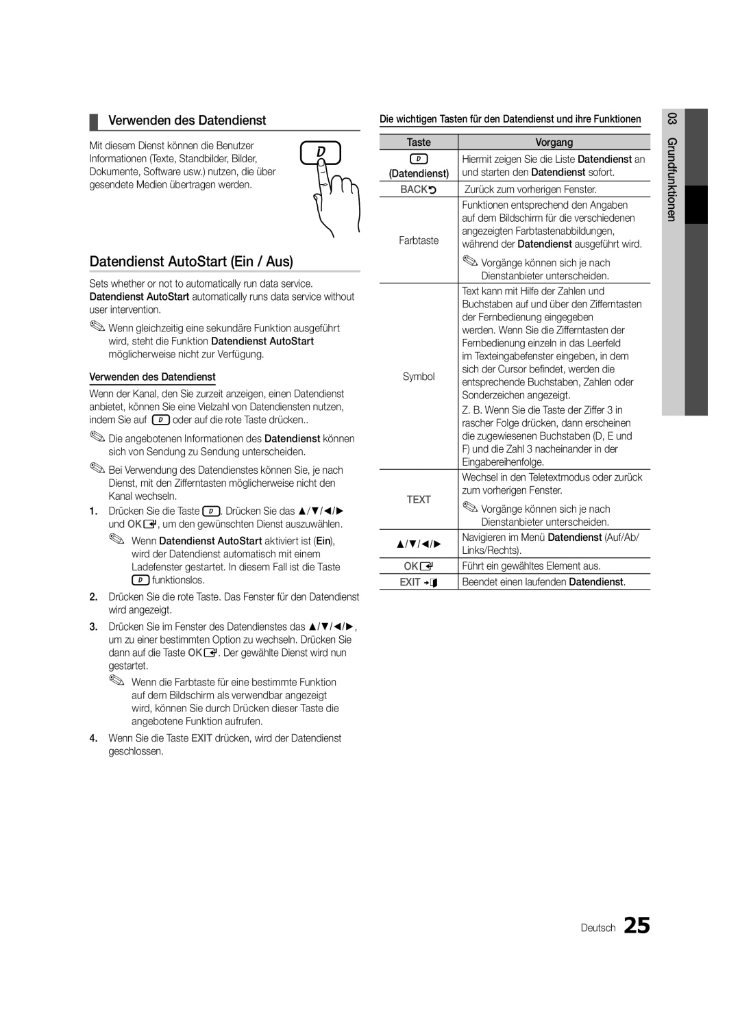 Samsung UE46C6900VQXZT manual Datendienst AutoStart Ein / Aus, Verwenden des Datendienst 