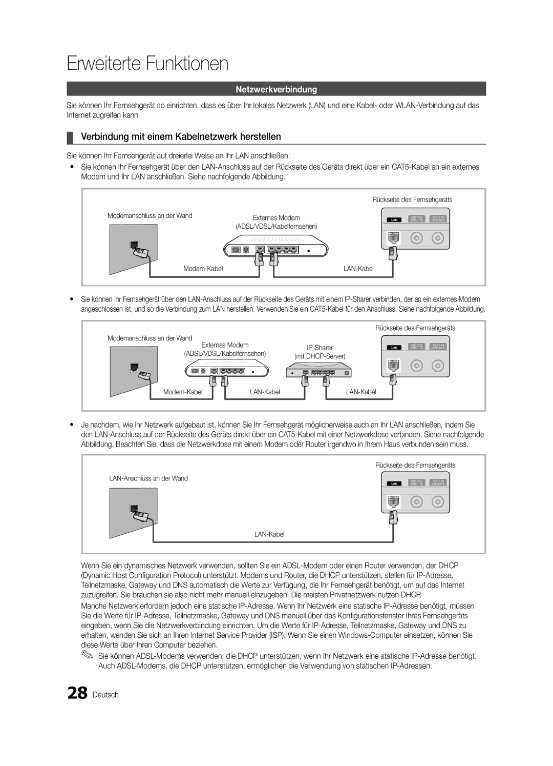 Samsung UE46C6900VQXZT manual Verbindung mit einem Kabelnetzwerk herstellen, Netzwerkverbindung, Modemanschluss an der Wand 