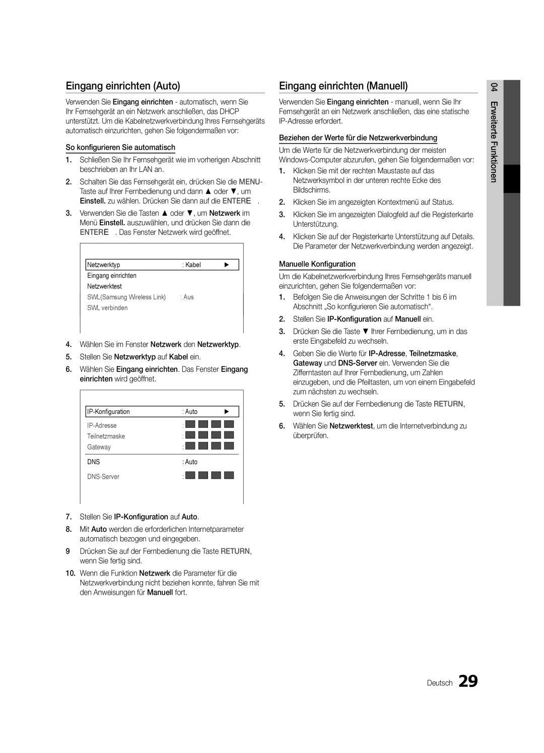 Samsung UE46C6900VQXZT manual Eingang einrichten Auto, Eingang einrichten Manuell, Netzwerk 