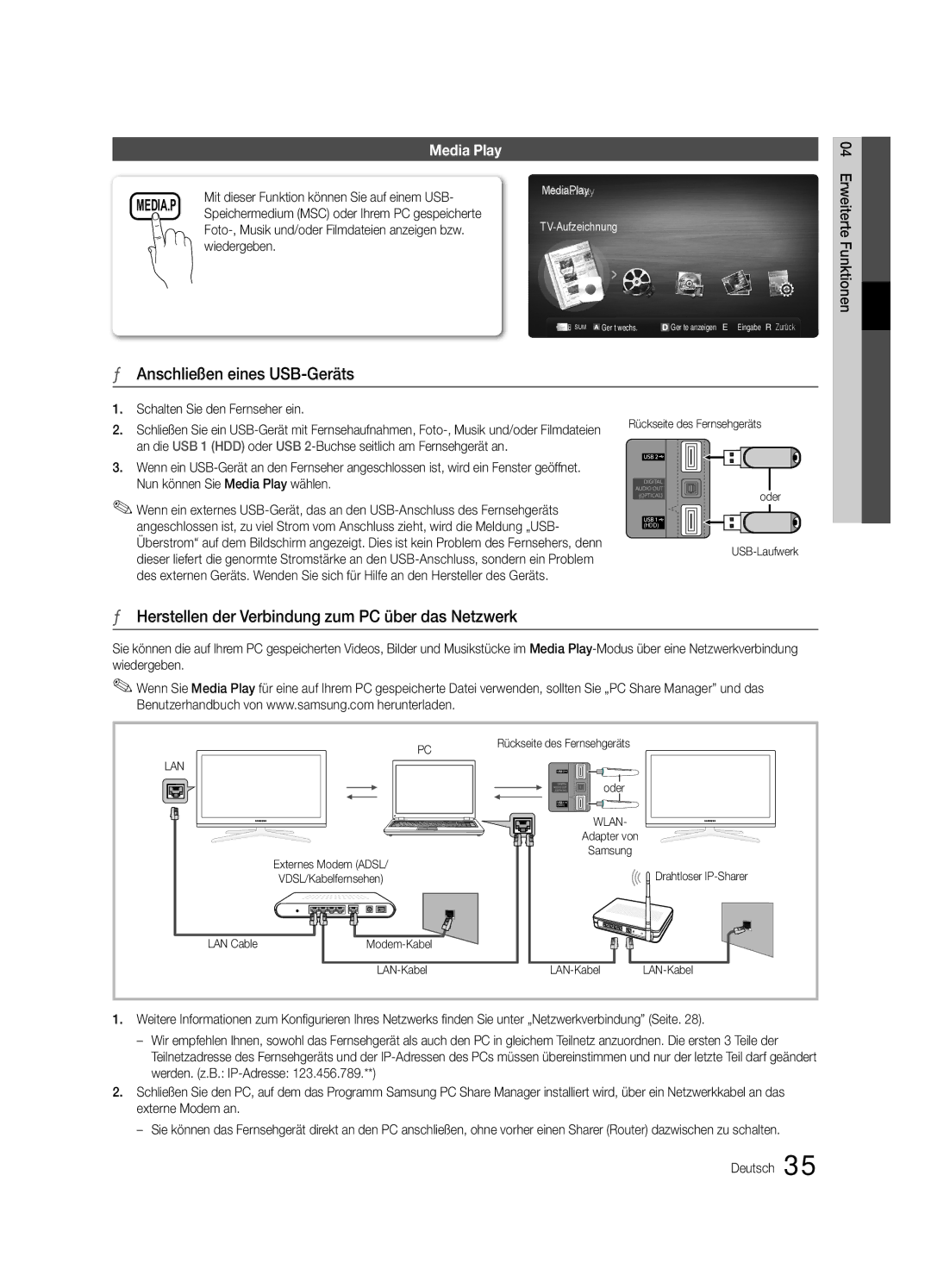 Samsung UE46C6900VQXZT manual Anschließen eines USB-Geräts, Herstellen der Verbindung zum PC über das Netzwerk, Wiedergeben 