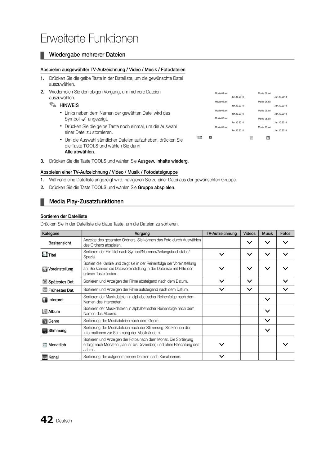 Samsung UE46C6900VQXZT manual Wiedergabe mehrerer Dateien, Media Play-Zusatzfunktionen 