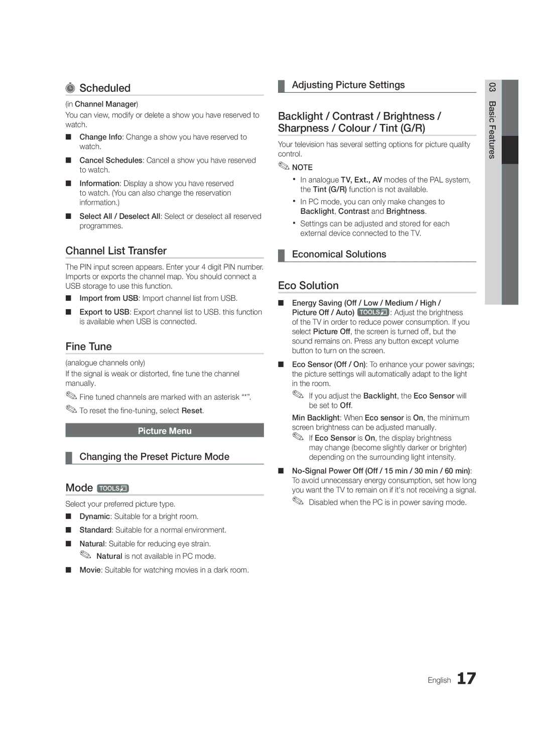 Samsung UE46C6900VQXZT manual Scheduled, Channel List Transfer, Fine Tune, Mode t, Eco Solution 