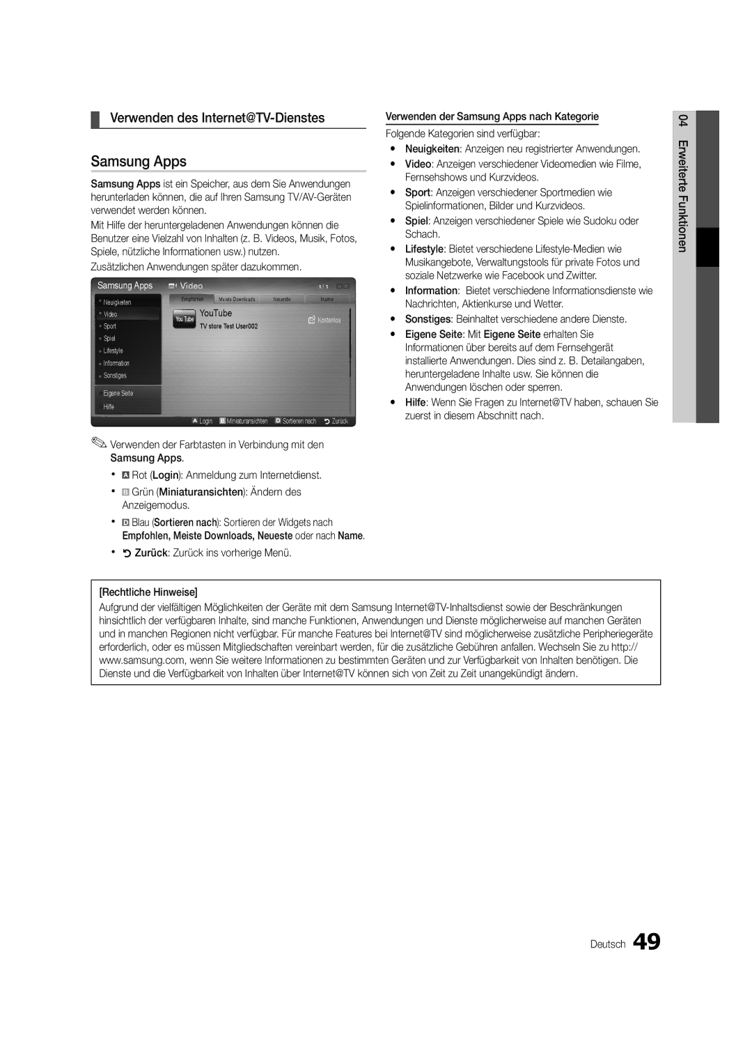 Samsung UE46C6900VQXZT manual Verwenden des Internet@TV-Dienstes, Zusätzlichen Anwendungen später dazukommen 