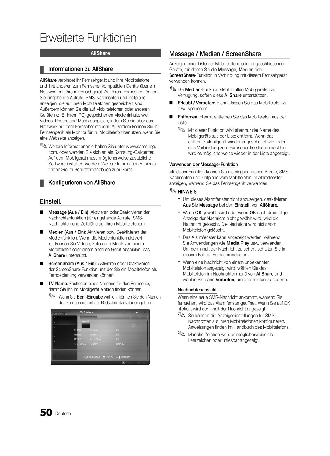 Samsung UE46C6900VQXZT manual Message / Medien / ScreenShare, Informationen zu AllShare, Konfigurieren von AllShare 