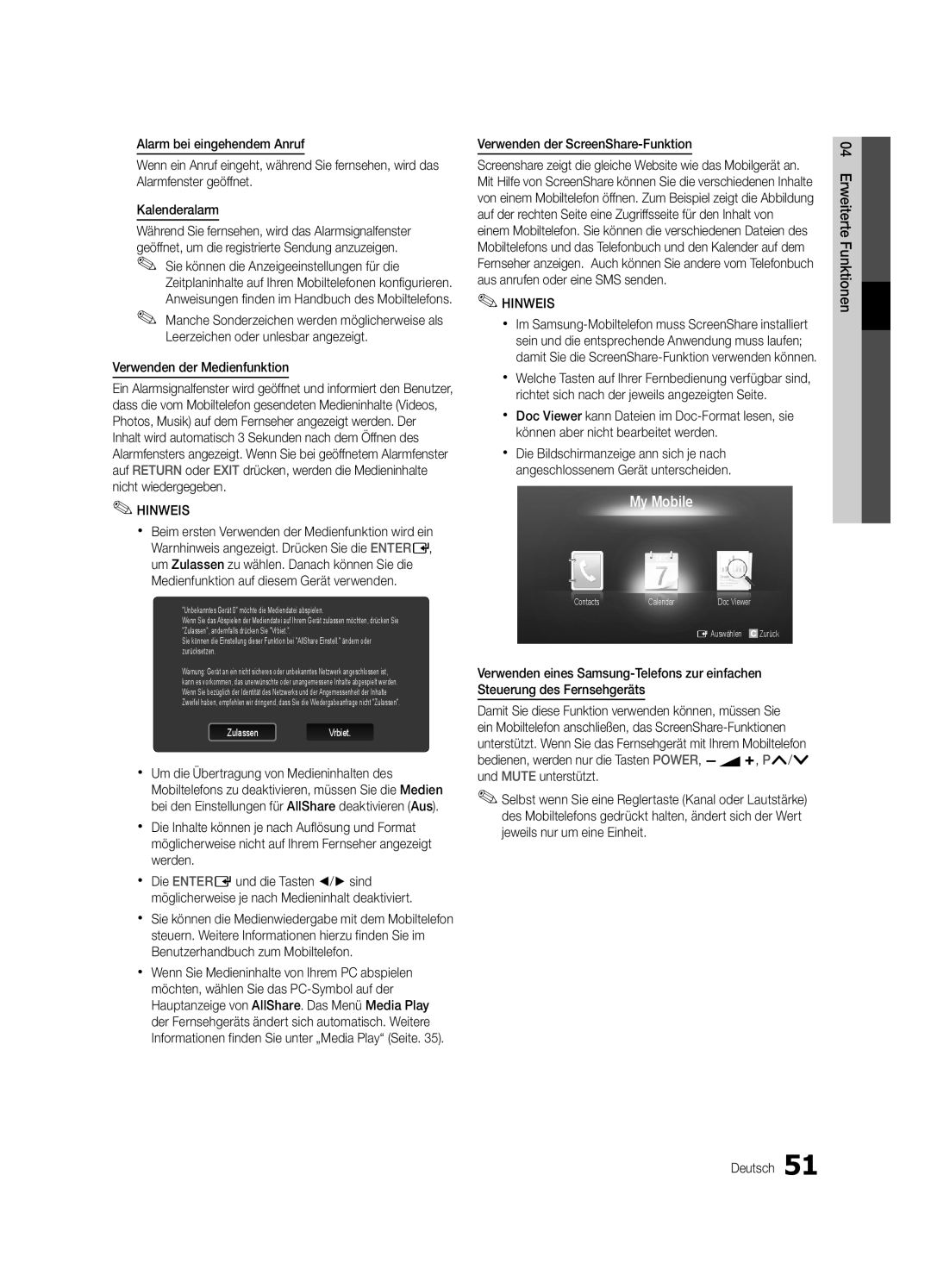 Samsung UE46C6900VQXZT manual Verwenden der Medienfunktion, Verwenden der ScreenShare-Funktion 