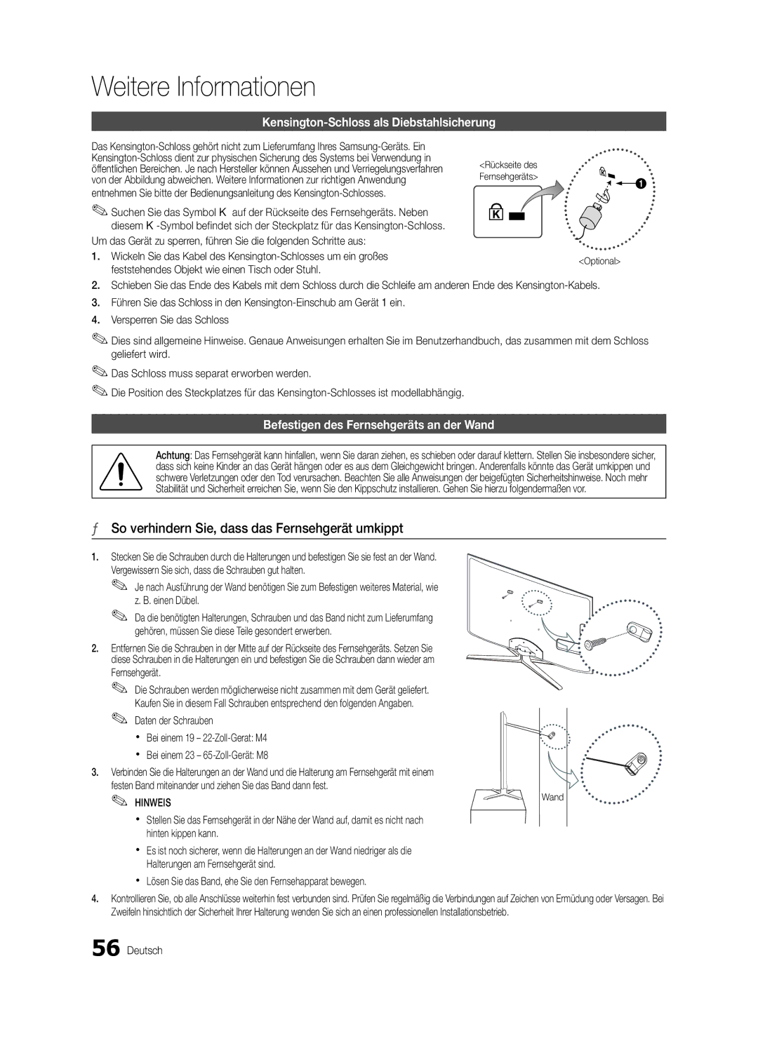 Samsung UE46C6900VQXZT So verhindern Sie, dass das Fernsehgerät umkippt, Kensington-Schloss als Diebstahlsicherung, Wand 