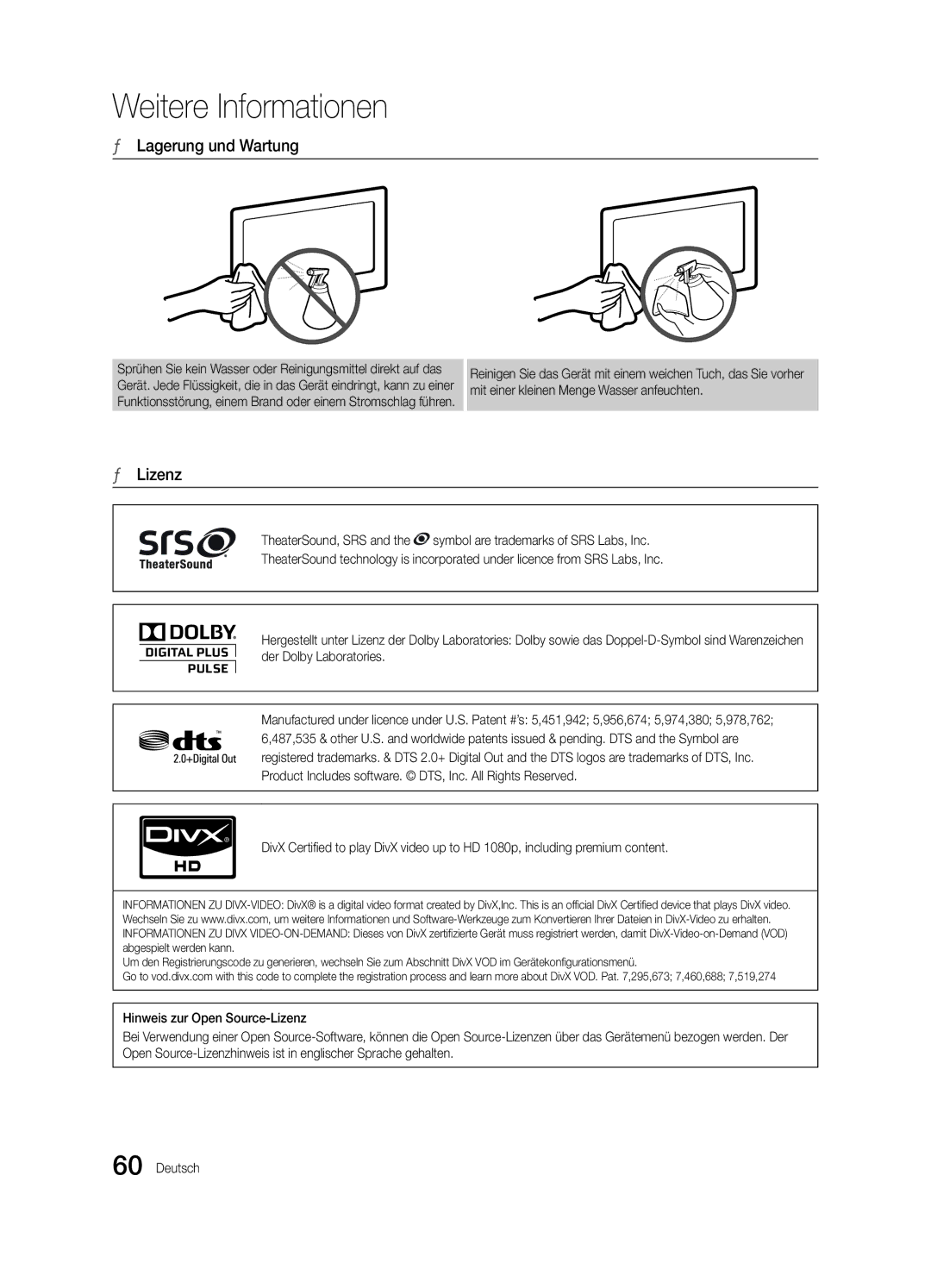 Samsung UE46C6900VQXZT manual Lagerung und Wartung, Lizenz 