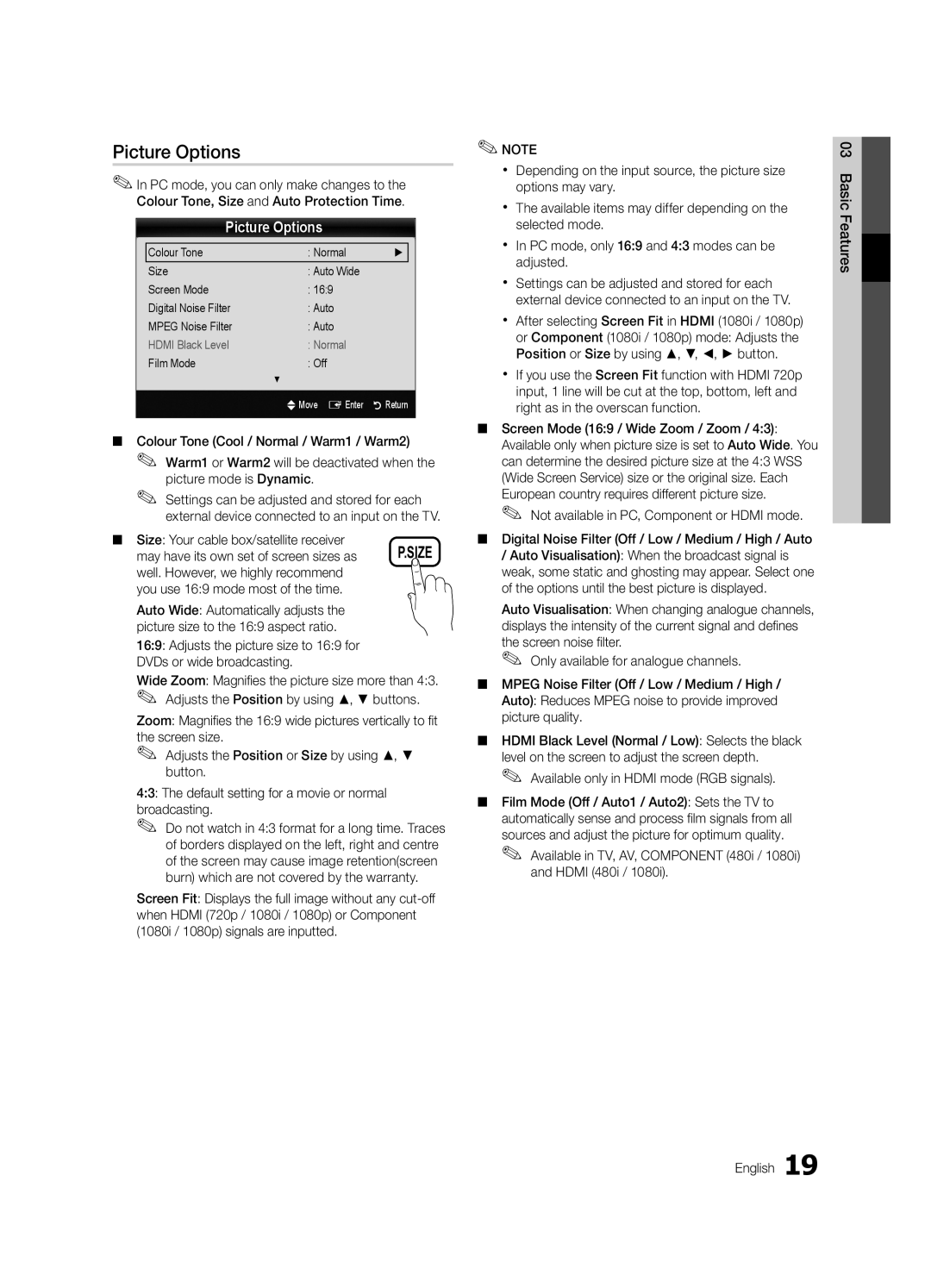 Samsung UE46C6900VQXZT manual Picture Options, Available only in Hdmi mode RGB signals, Film Mode Off 