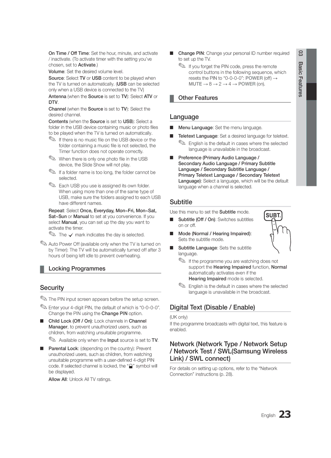 Samsung UE46C6900VQXZT manual Security, Language, Subtitle, Digital Text Disable / Enable, Locking Programmes 