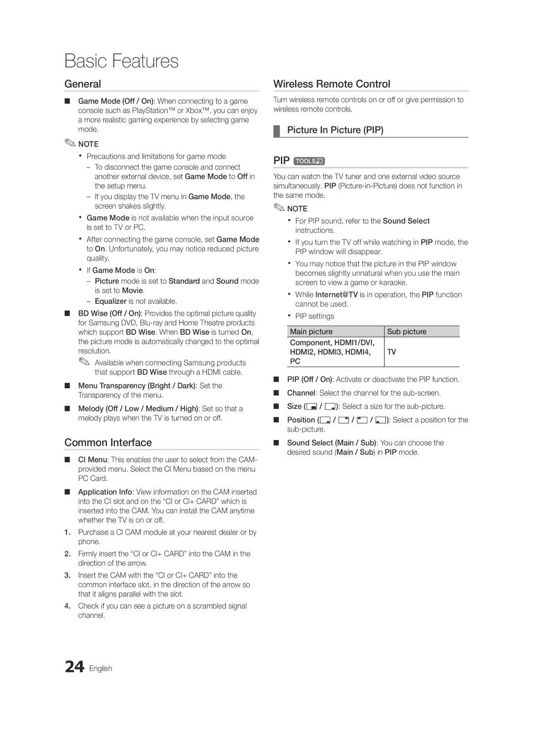Samsung UE46C6900VQXZT manual General, Common Interface, Wireless Remote Control, PIP t, Picture In Picture PIP 