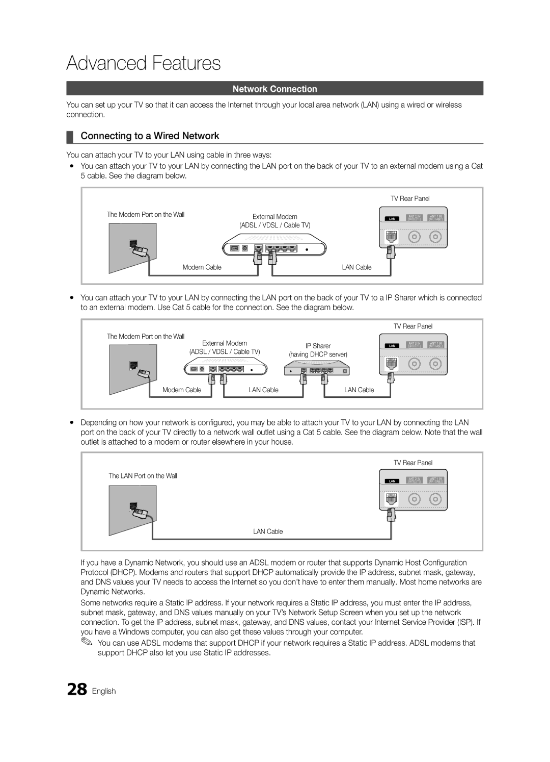 Samsung UE46C6900VQXZT Connecting to a Wired Network, Network Connection, Modem Port on the Wall, Modem Cable LAN Cable 