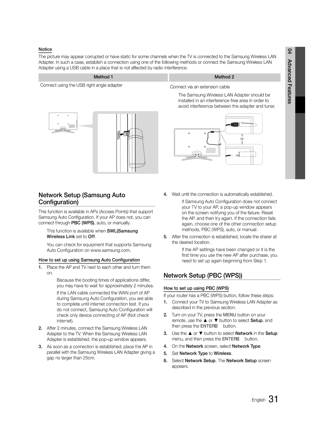 Samsung UE46C6900VQXZT manual Network Setup Samsung Auto Configuration, Network Setup PBC WPS, Desired location 