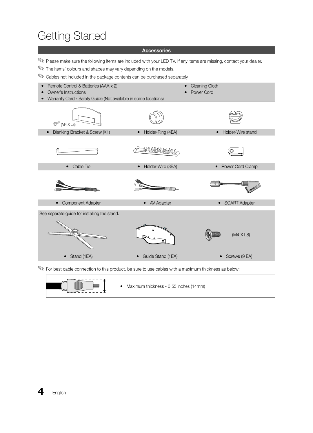 Samsung UE46C6900VQXZT manual Getting Started, Accessories, Yy Blanking Bracket & Screw Yy Holder-Ring 4EA 